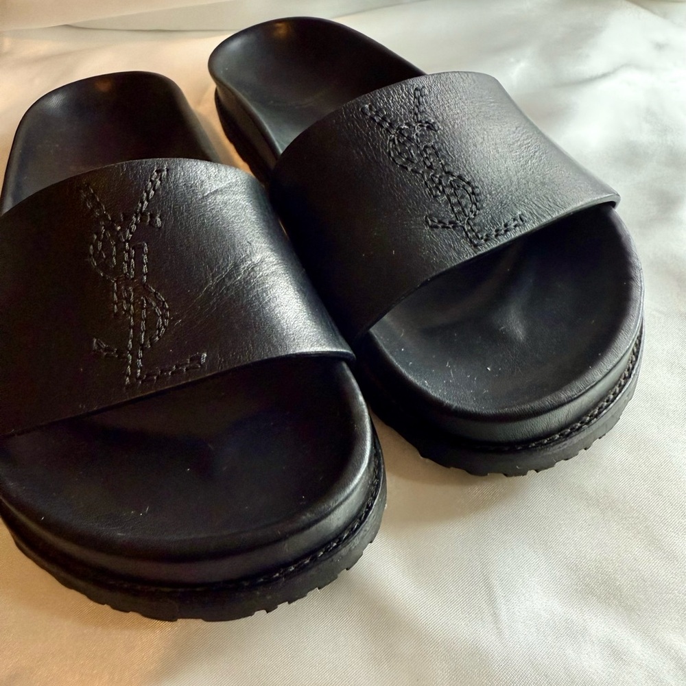 Saint Laurent Paris YSL Black Leather Slides – Size 37 (US 7) - Picture 2 of 7